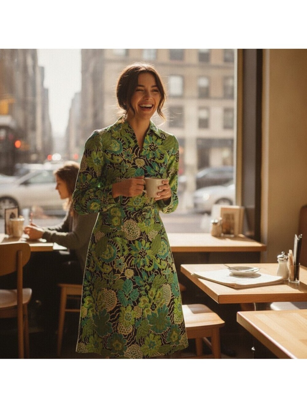 Vintage 70s Retro Silk Long Sleeve Belted Shirt Dress Green Floral Midi S/M Mod - Picture 3 of 12